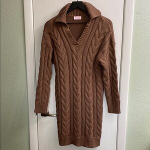 Cozy Brown Cable Knit Collared Sweater Mini Dress